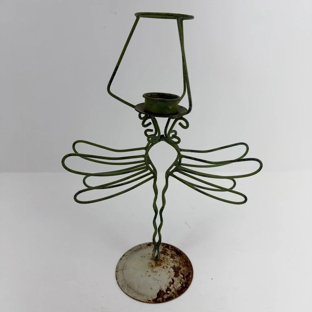 Vintage‎ Green Metal Wire Dragonfly Candle Holder Rustic Garden Decor 14.5 Inch